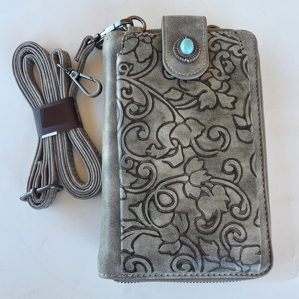 Montana West Gray Floral Embossed Crossbody Phone Wallet with Turquoise Button